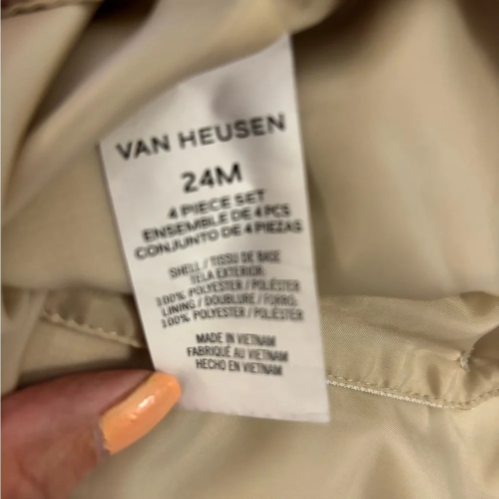 Boys Van Heusen Tan Dress Vest & Pants Set with Blue Plaid Bow Tie Sz 24M